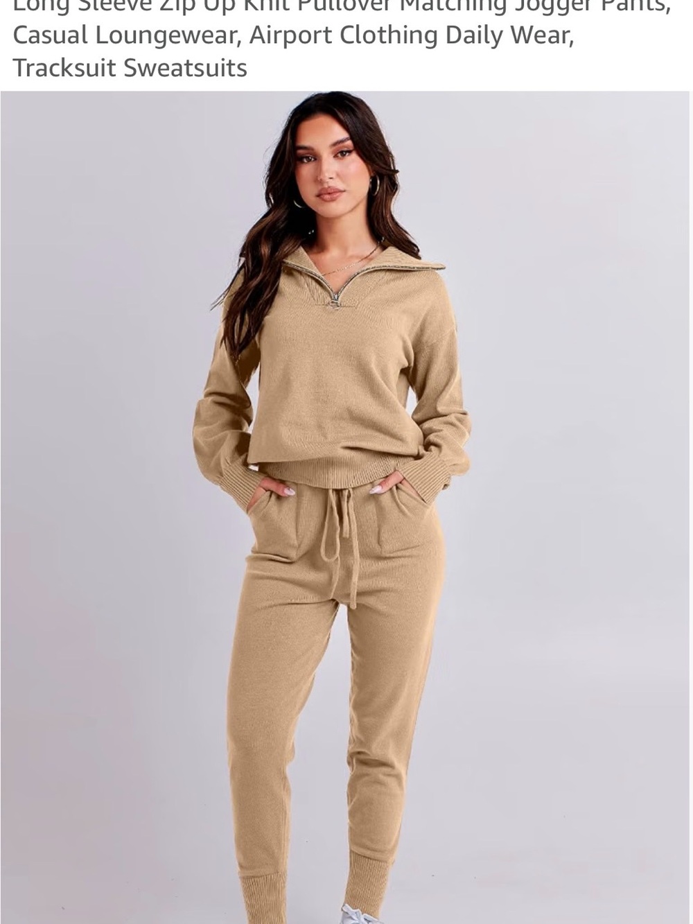 Women's Tan Knit Zip-Neck Pullover & Jogger Set